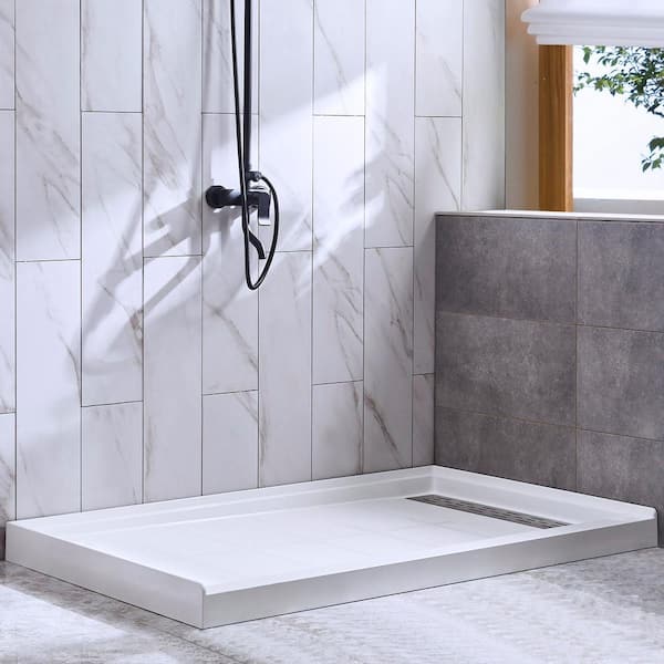 Cedaridge 48 in. x 36 in. Solid Surface Single Threshold Right Drain Shower Pan with Slip Resistant Surface in White