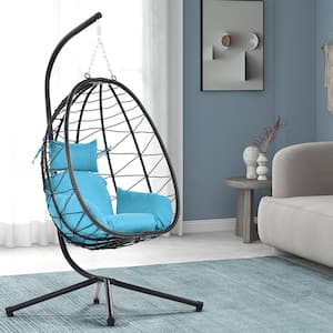 Outdoor Indoor Egg Chair with Stand and Light Blue Cushion PE Wicker Patio Chair Swing Chair Lounge Hanging Basket Chair