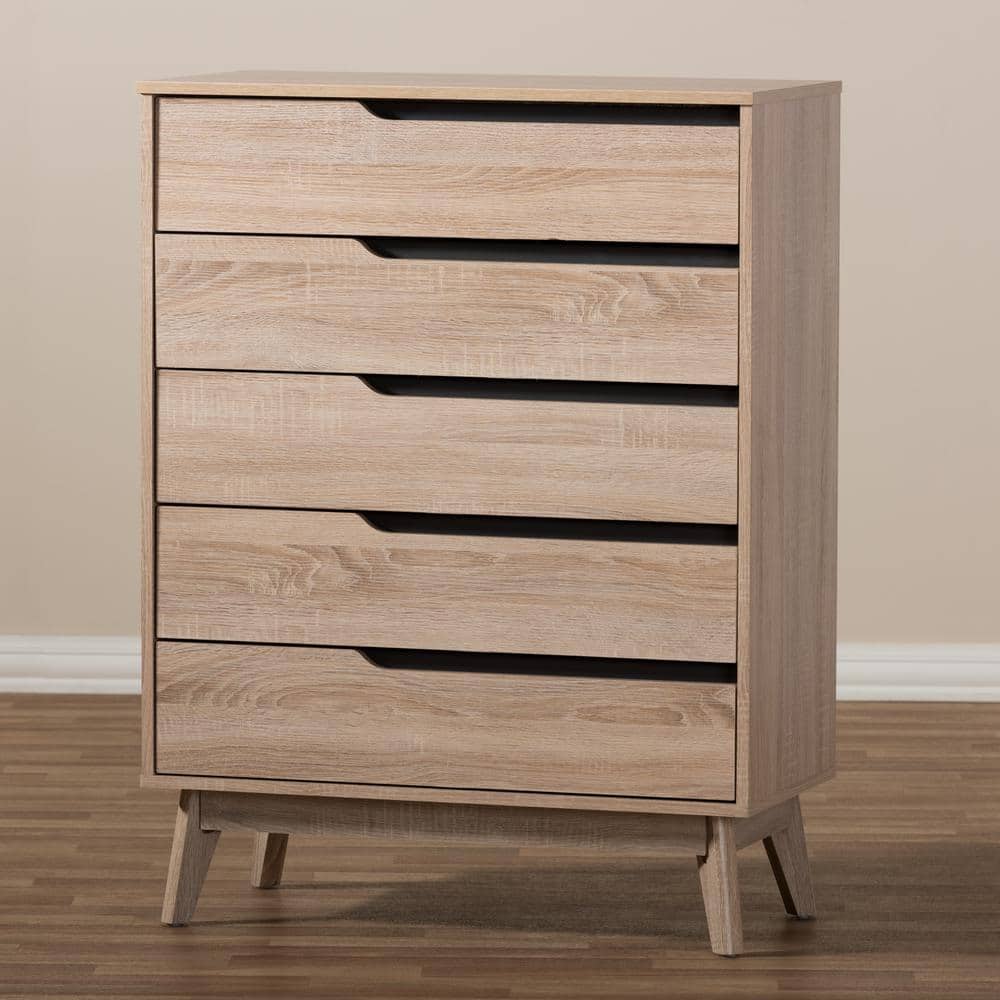 Fella Mid-Century Oak and Gray 5-Drawer Vertical Chest