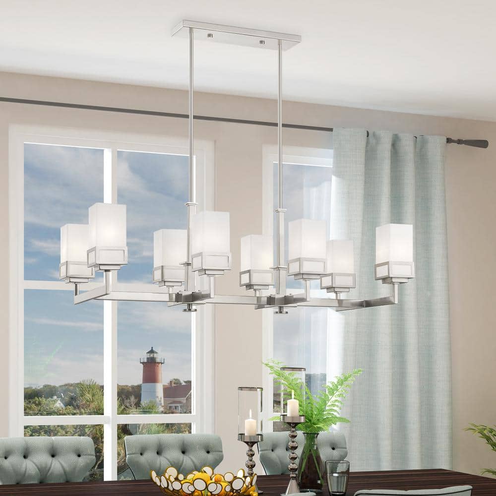 Elegant Harding 8-Light Linear Chandelier with Satin Opal White Glass