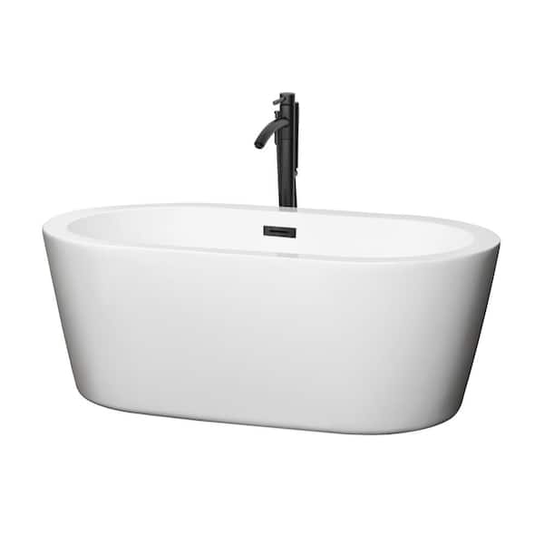 Wyndham Collection Mermaid 59.75 in. Acrylic Flatbottom Bathtub in White with Matte Black Trim and Faucet