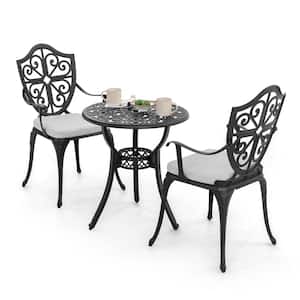 Black 3-Piece Cast Aluminum Round Outdoor Bistro Set with Gray Cushions