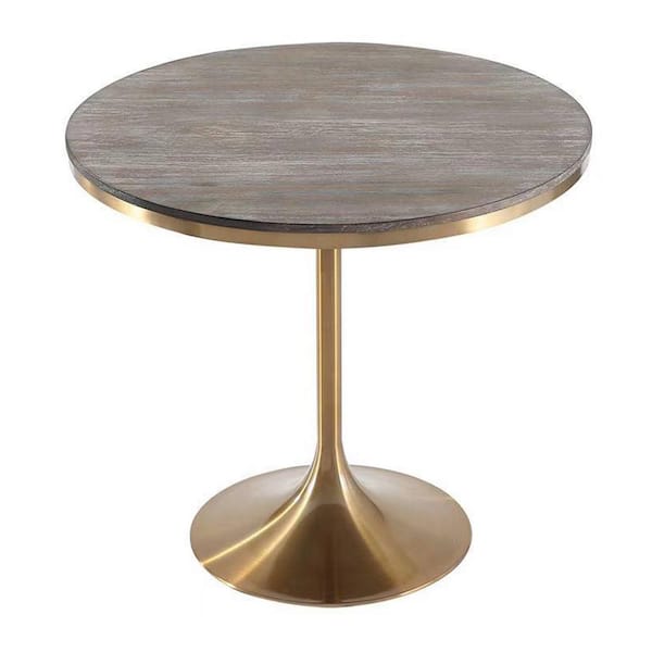 Boyel Living 36 in. Brown Round Dining Table with Pine Veneer Gray Top and Gold Metal Stand