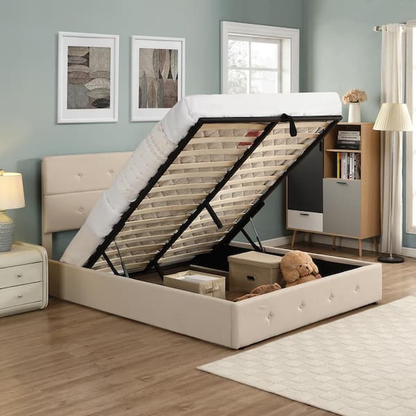 Polibi Beige Wood Frame Queen Size Upholstered Platform Bed with Underneath Storage