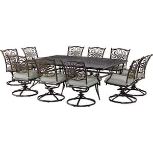 Renditions 11-Piece Aluminum Outdoor Dining Set with Sunbrella Mist Blue Cushions, 10 Swivel Rockers and 60x84 in. Table