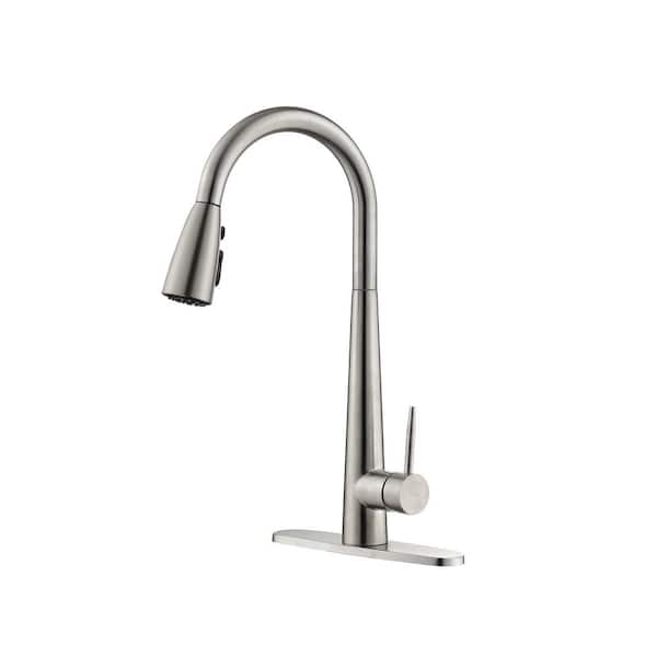 Flynama Single Hole Deck Mount Kitchen Faucets with Pull Down Sprayer in Brushed Nickel