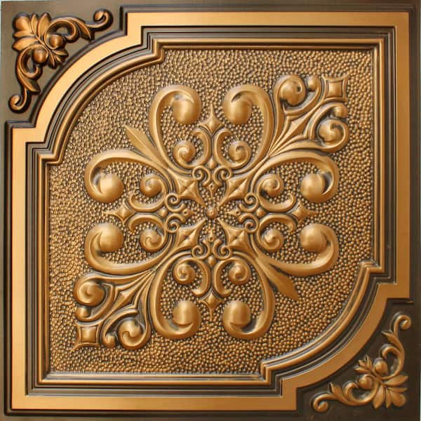 Dundee Deco Falkirk Perth Antique Gold 2 ft. x 2 ft. Decorative Victorian Glue Up or Lay In Ceiling Tile (40 sq. ft./case)