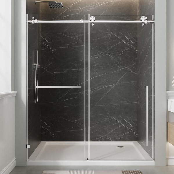 Vitrina 60 in. W x 78 in. H Single Sliding Frameless Shower Door in Brushed Nickel Finish with Clear Glass with Handle