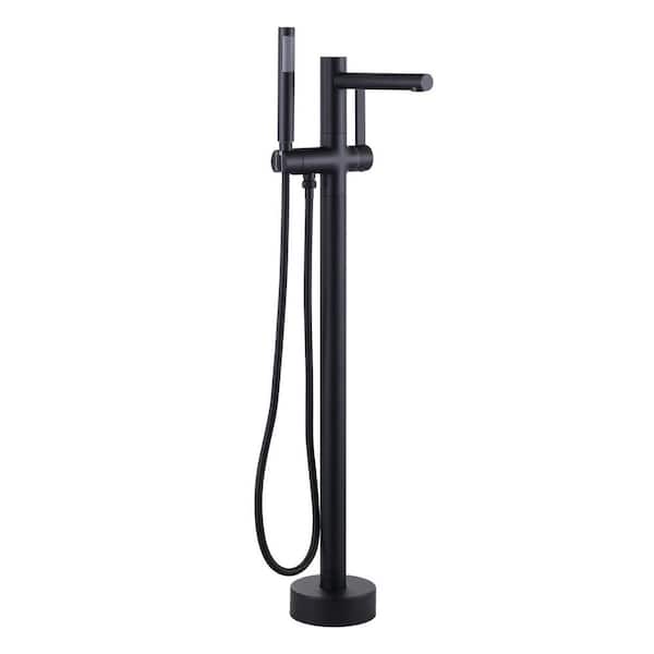 Single Handle Floor Mount Brass Freestanding Bathtub Faucet Tub Filler with Handheld Shower in Matte Black