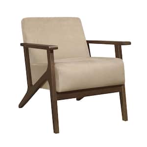 Brown and Beige Velvet Arm Chair with Attached Back and Cushioned Seat
