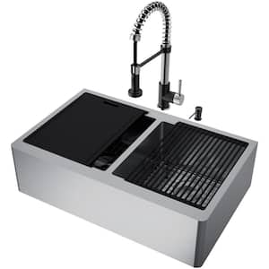 Oxford 33 in. 16 Gauge Stainless Steel Double Bowl Workstation Farmhouse Undermount Sink with Faucet and Accessories