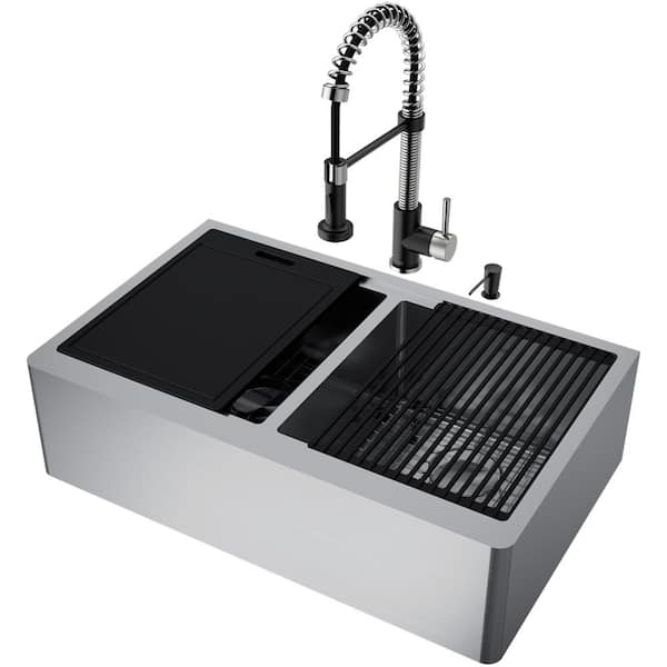 VIGO Oxford 33 in. 16 Gauge Stainless Steel Double Bowl Workstation Farmhouse Undermount Sink with Faucet and Accessories