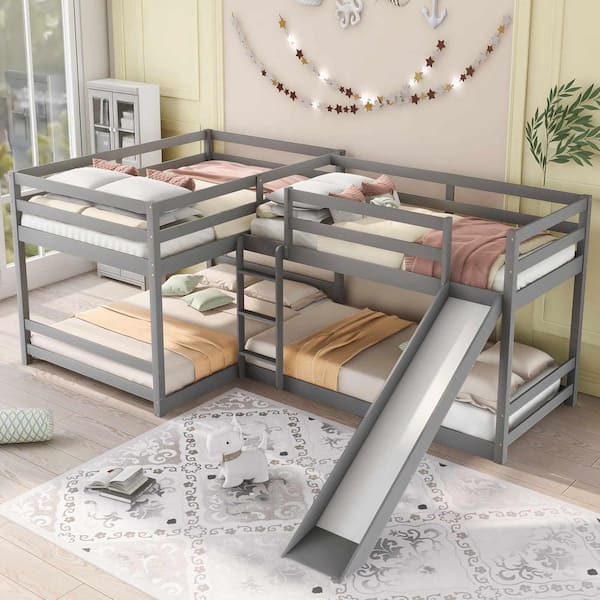 Gray Full and Twin Size L-Shaped Bunk Bed with Slide and Short Ladder