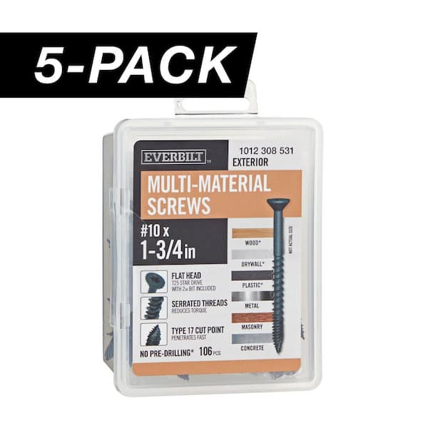 5-Pack #10 x 1-3/4 in. Black 6-Lobe Star Drive Exterior Flat Head Multi-Material Screw (5 lbs. / 530-Piece)