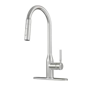 Modern Single Handle Pull Down Sprayer Kitchen Faucet with Deckplate and Water Supply Hoses in Brushed Nickel