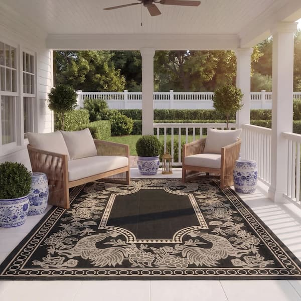 Courtyard Black/Sand 8 ft. x 11 ft. Border Indoor/Outdoor Patio  Area Rug