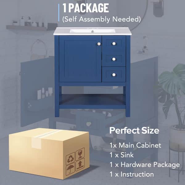 30 in. W Single Sink Freestanding Bath Vanity in Blue with White Ceramic Top, 1 Door, 1 Shelf and 2 Drawers