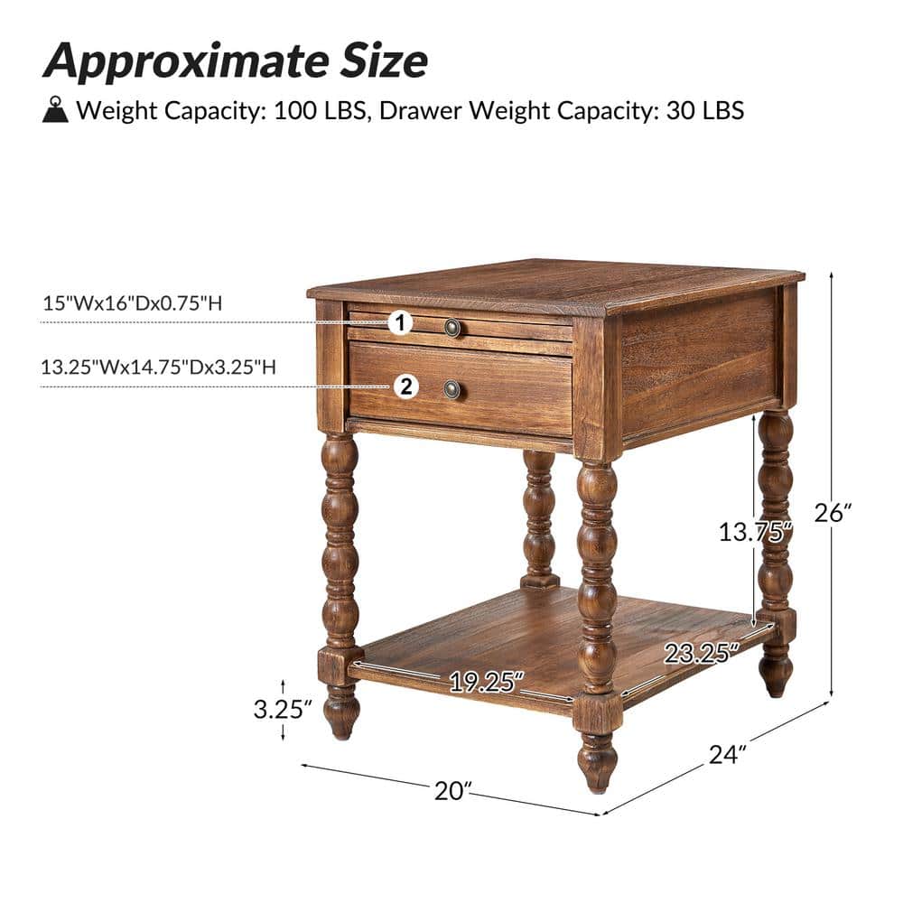 Jim Walnut Traditional 20 in. W Solid Wood End Table with USB - thumbnail 7