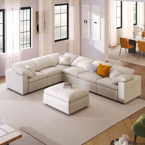 Oversized 124.8 in. Square Arm Chenille Modular Sectional Sofa in Beige with Movable Ottoman