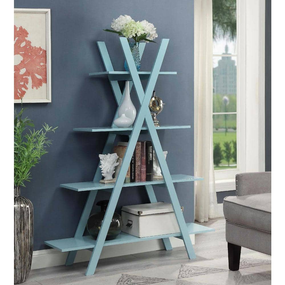 Contemporary White Wood Ladder Bookcase with 4 Open Tiers