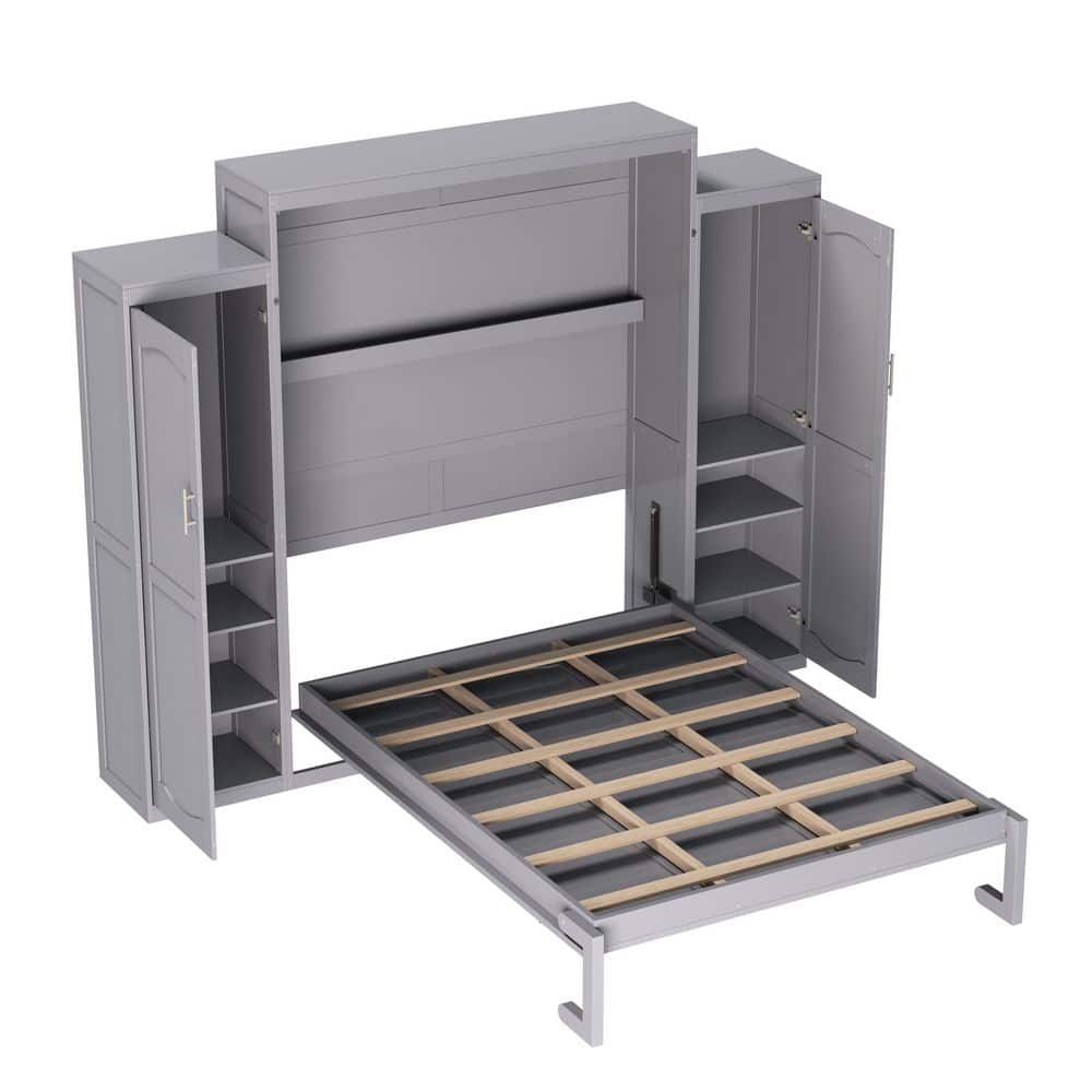 Gray Wood Frame Queen Size Murphy Bed Wall Bed with Wardrobes, Storage Shelves - thumbnail 10