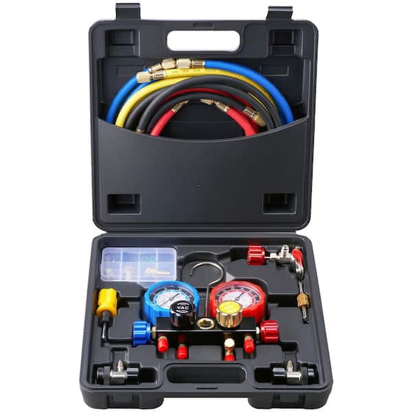 AC Manifold Gauge Set for R134A, R22, R12, R410A, 4-Way, 5 ft. Hoses, Couplers Can Tap for Freon Charging and Evacuation