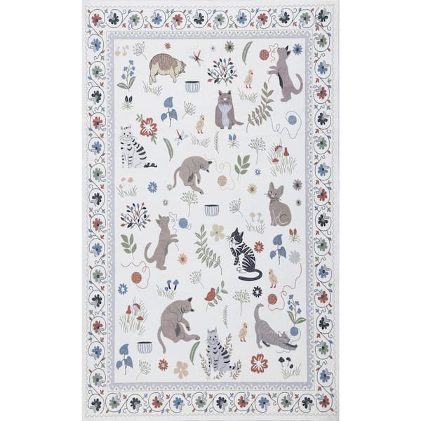 Catmosphere Festive Feline Floral Border Non-Slip Machine-Washable Ivory 8 ft. x 10 ft. Area Rug