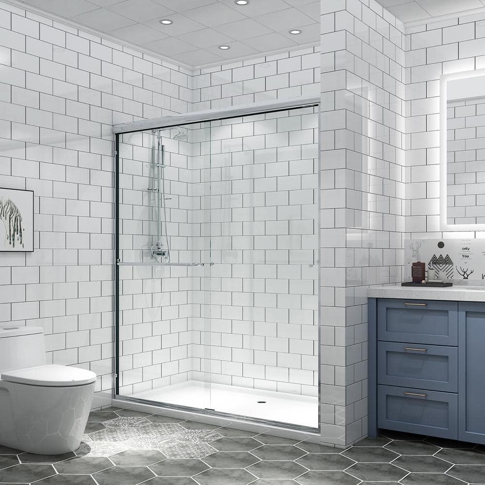 60'' Chrome Framed Sliding Shower Door with Clear Glass