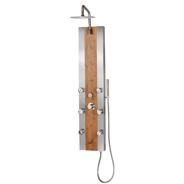 PULSE Showerspas Bali 3-Spray Wood ShowerSpa with 6 Body Jets in Brushed Stainless Steel