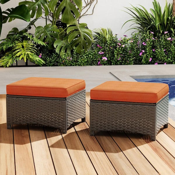 JOYSIDE Brown Wicker Outdoor Ottoman Patio Footstool with Orange Cushions (2-Pack)