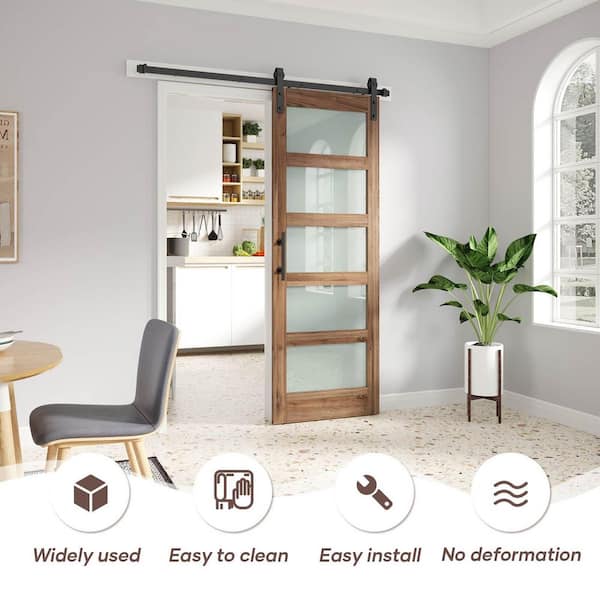 32 in. x 84 in. 5-Lite Frosted Glass Brown Finished MDF Sliding Barn Door with Hardware Kit