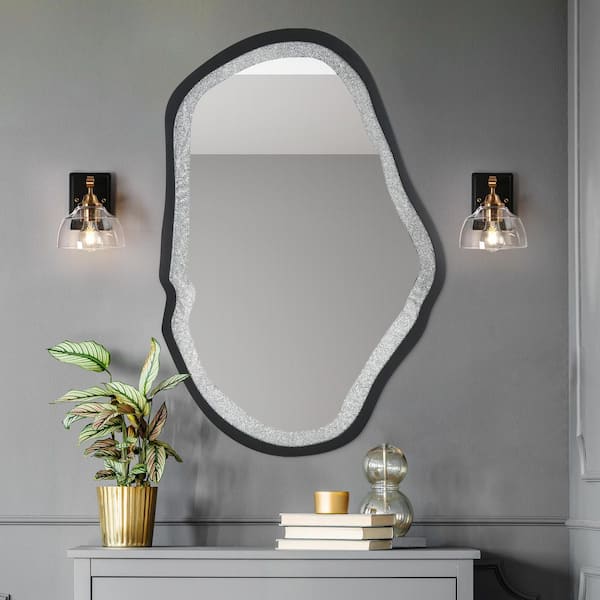 31.9 in. W x 47.2 in. H Black Modern Irregular Oval Wall Mirror with Faux Diamond and Wood Frame for Foyer and Hallway