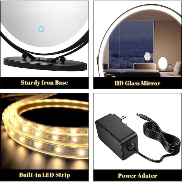 19 in. Round 3-Color-LED Touch Screen, Makeup Dimmable Lighted Mirror for Table in Black Frame