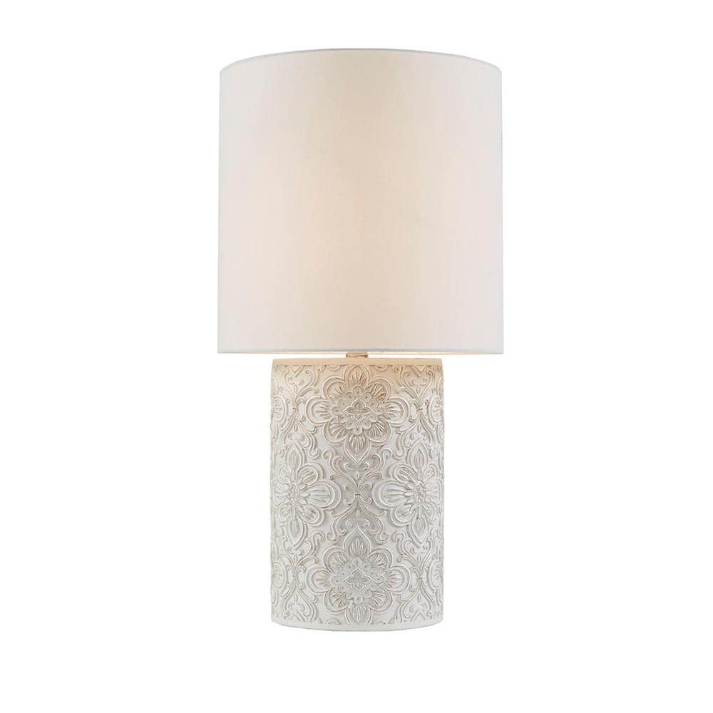 Ivory Floral Embossed Resin Cylinder Table Lamp with 3-Way Switch
