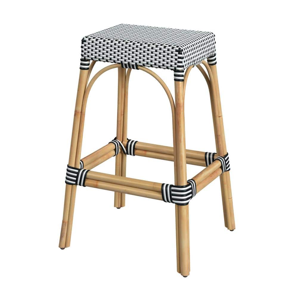 Coastal Transitional 30" White and Black Woven Rattan Bar Stool