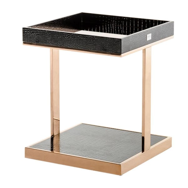 Benjara 20 in. Gold and Black Square Glass End Table with Wooden Frame