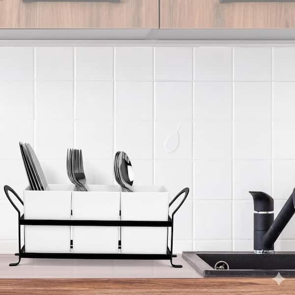 White Melamine Cutlery Holder Set with Drain Holes Silverware Utensil Caddy Party Countertop Organizer 3 Pieces Bins