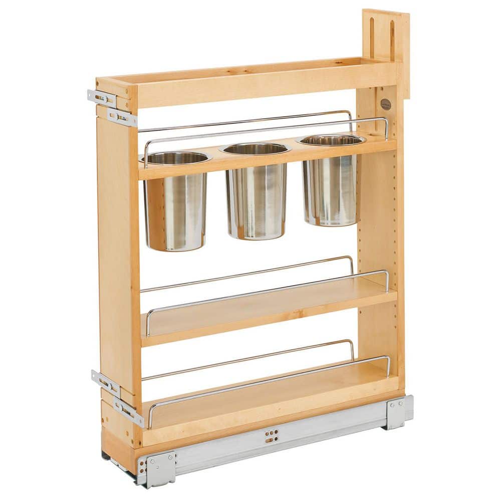 Rev-A-Shelf 5" Natural Wood Pull-Out Cabinet Organizer with Stainless Steel Bins