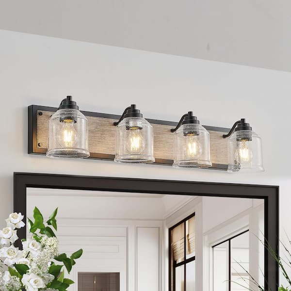 31.5 in. 4-Light Black Farmhouse Vanity Light with Clear Seeded Glass Shades for Bathroom