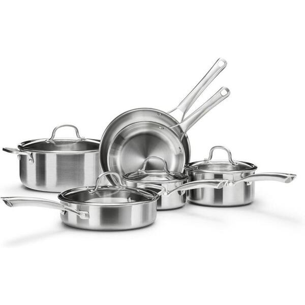 Silver 10 Piece Stainless Steel Cookware Set, Tri-Ply PFOA Free All Stove Compatible Kitchen Pots and Pans Set