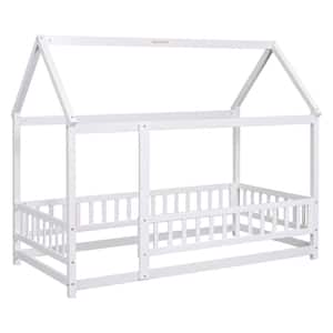White Twin Size Wood House Floor Bed with Fence Guardrails Playhouse Bed Frame Montessori House Bed for Kids, Boy, Girl