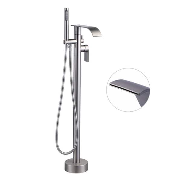 Single-Handle Freestanding Tub Faucet with Handshower and Waterfall Spout in Brushed Nickel
