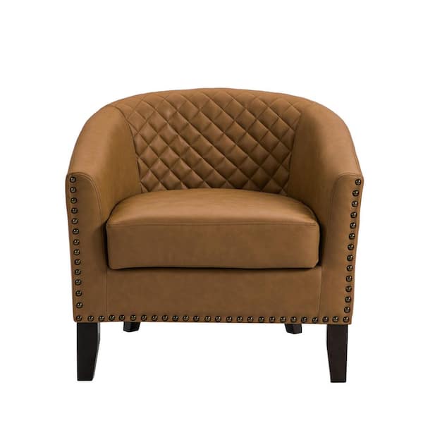 Modern Coffee Solid Wood Legs PU Leather Upholstered Accent Barrel Arm Chair With Nailhead Trim(Set of 1)