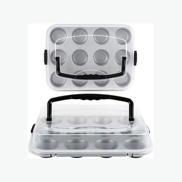 2-Pack 12-Cup Non-Stick Carbon Steel Muffin Pan with Carry Lid and Handle for Easy Transport and Baking