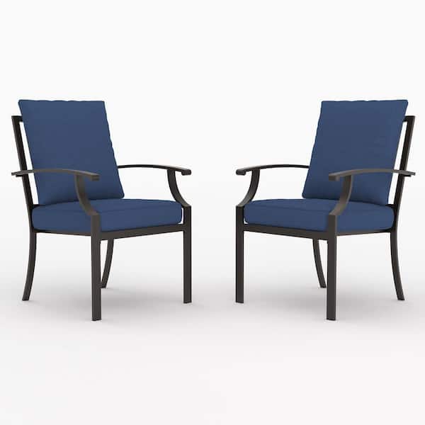 Brown Patio Metal Outdoor Dining/Side/Restaurant Chairs with Modern, Curved Armrests and Navy Blue Cushions (2-Pack)