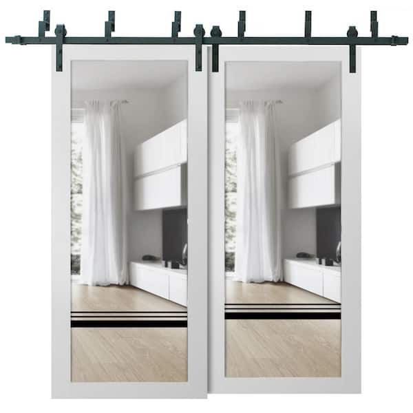 84 in. x 96 in. 2 Panel Clear Glass White Solid Wood Sliding Barn Door with Hardware Kit