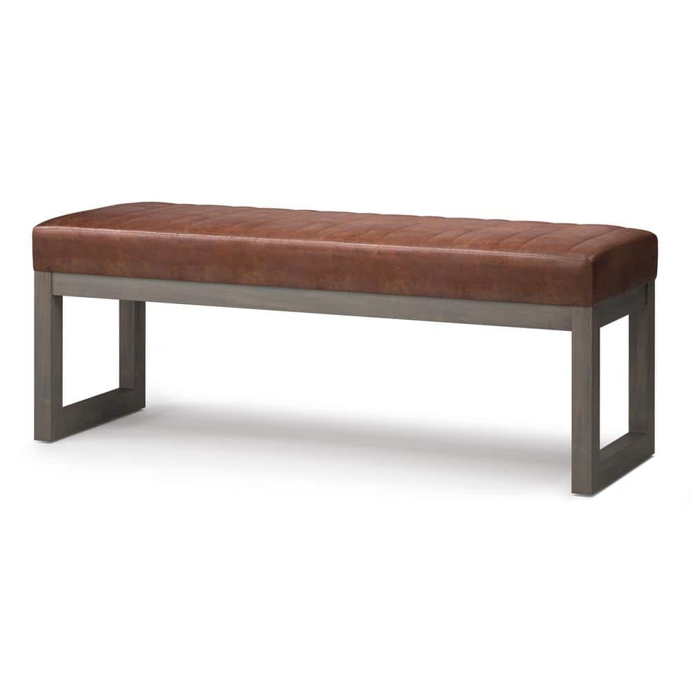 Distressed Saddle Brown Tufted Faux Leather Footstool Ottoman