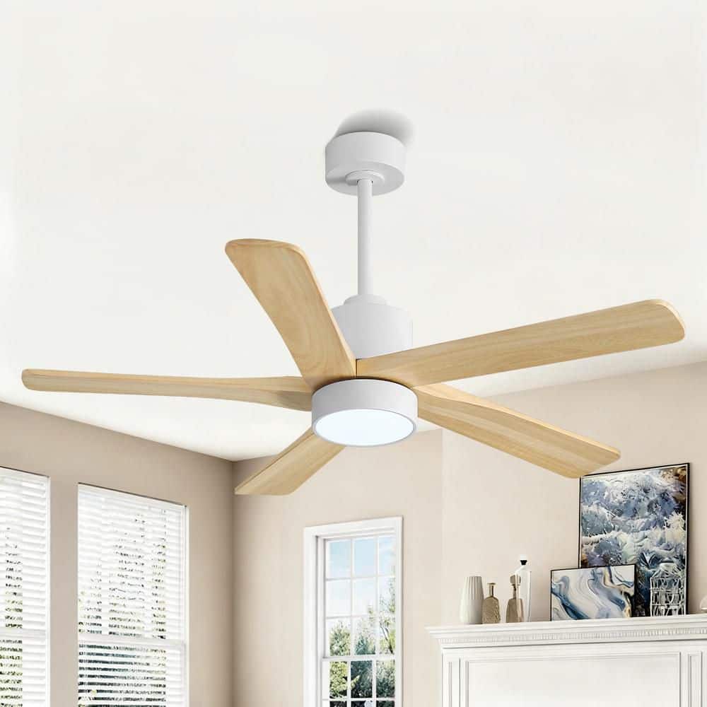 48 inch 5 Solid Wood Blades LED Indoor White and Wood Grain Ceiling Fan with Remote Down-rod price history on PriceWatchPro
