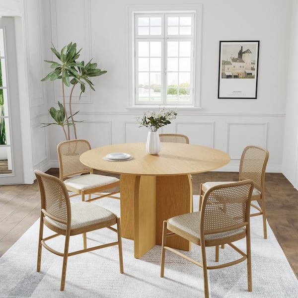Dovelina Flora Modern Natural Color Round Oak Wood Top 45 in. Cross Leg Dining Table Seats 4