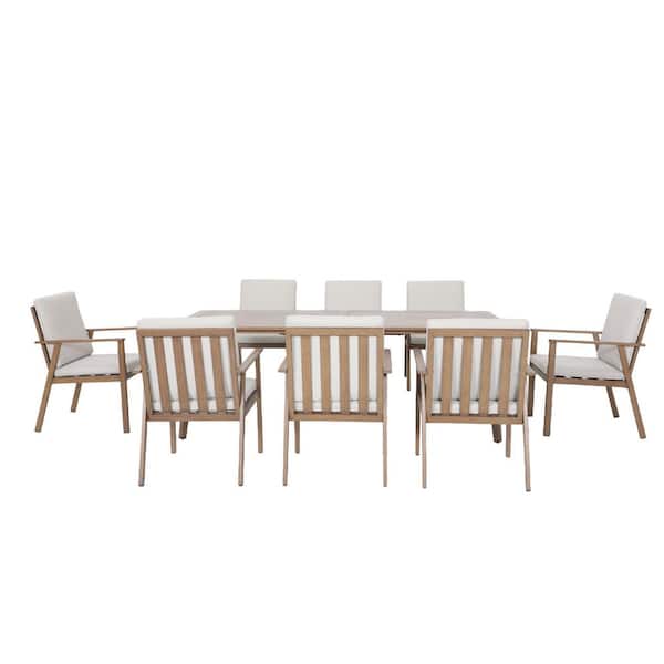 9-Piece Brown Aluminum Slat Outdoor Dining Set with 84.7 in. Rectangular Table, 8 Chairs with White Cushions
